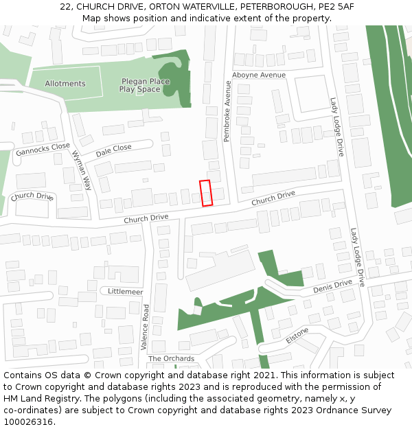 22, CHURCH DRIVE, ORTON WATERVILLE, PETERBOROUGH, PE2 5AF: Location map and indicative extent of plot