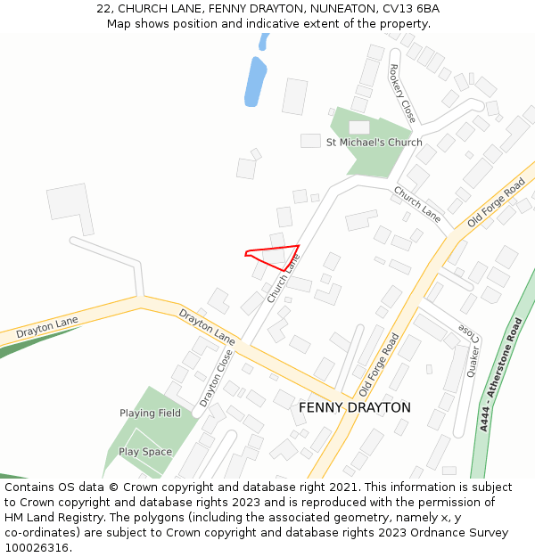 22, CHURCH LANE, FENNY DRAYTON, NUNEATON, CV13 6BA: Location map and indicative extent of plot