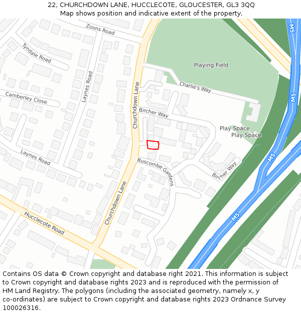 22, CHURCHDOWN LANE, HUCCLECOTE, GLOUCESTER, GL3 3QQ: Location map and indicative extent of plot