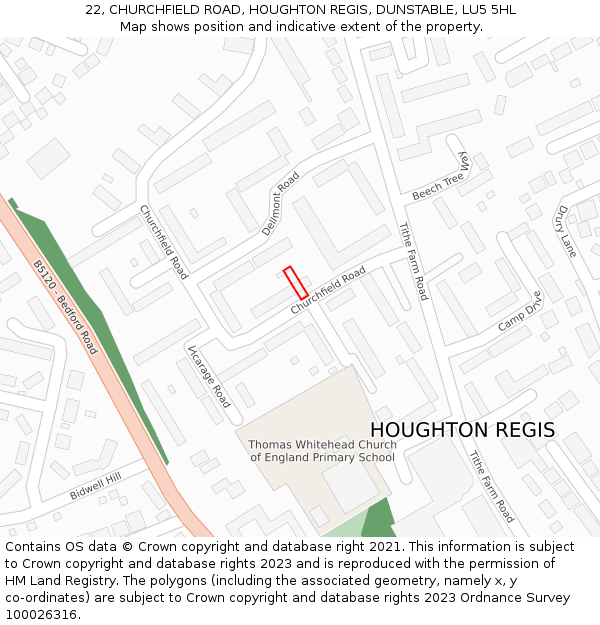 22, CHURCHFIELD ROAD, HOUGHTON REGIS, DUNSTABLE, LU5 5HL: Location map and indicative extent of plot