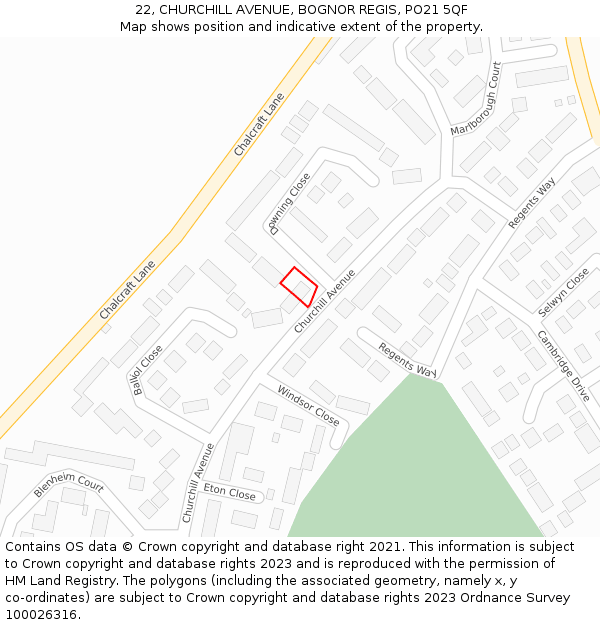 22, CHURCHILL AVENUE, BOGNOR REGIS, PO21 5QF: Location map and indicative extent of plot