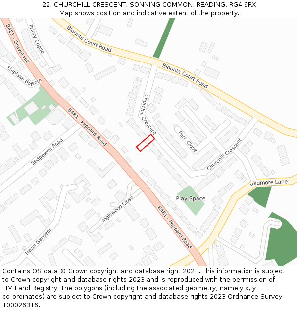 22, CHURCHILL CRESCENT, SONNING COMMON, READING, RG4 9RX: Location map and indicative extent of plot