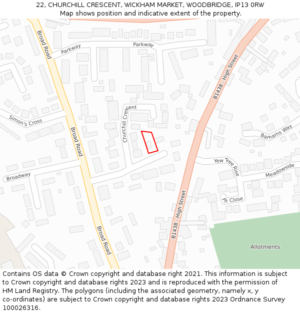 22, CHURCHILL CRESCENT, WICKHAM MARKET, WOODBRIDGE, IP13 0RW: Location map and indicative extent of plot