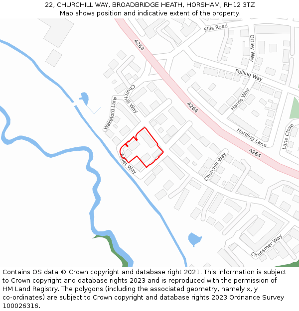 22, CHURCHILL WAY, BROADBRIDGE HEATH, HORSHAM, RH12 3TZ: Location map and indicative extent of plot