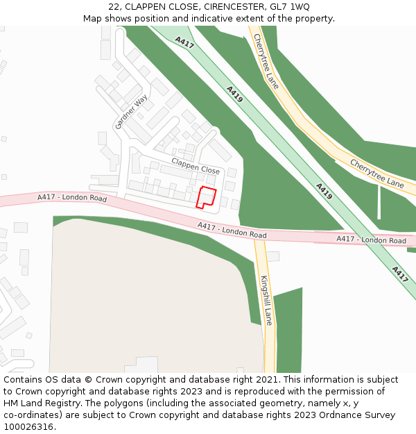 22, CLAPPEN CLOSE, CIRENCESTER, GL7 1WQ: Location map and indicative extent of plot