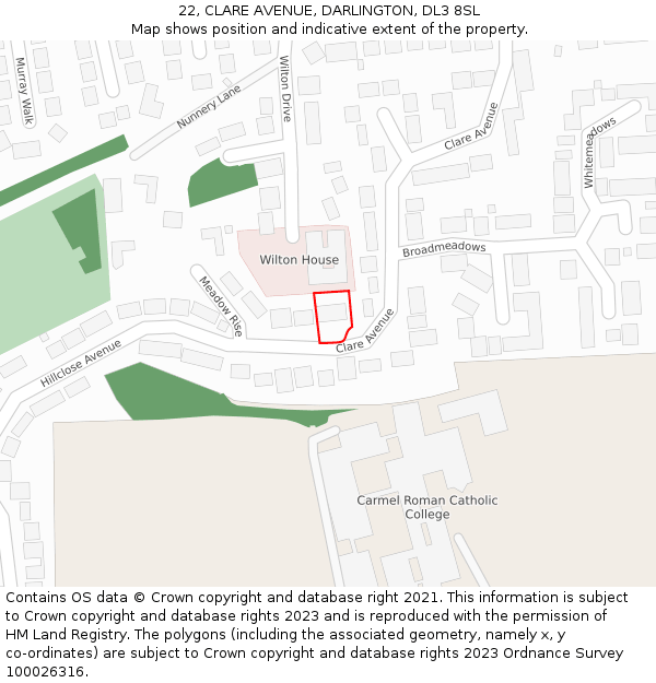 22, CLARE AVENUE, DARLINGTON, DL3 8SL: Location map and indicative extent of plot