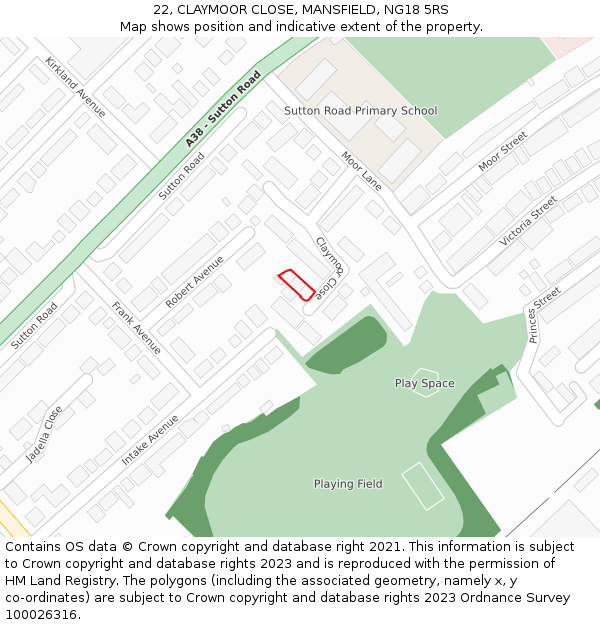 22, CLAYMOOR CLOSE, MANSFIELD, NG18 5RS: Location map and indicative extent of plot