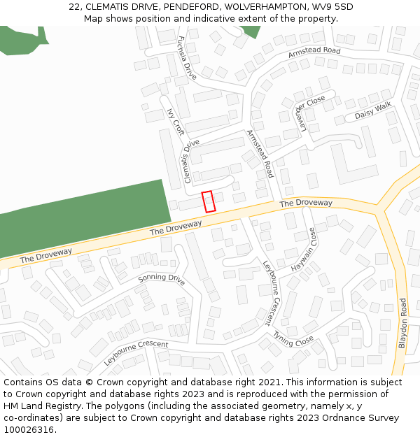 22, CLEMATIS DRIVE, PENDEFORD, WOLVERHAMPTON, WV9 5SD: Location map and indicative extent of plot