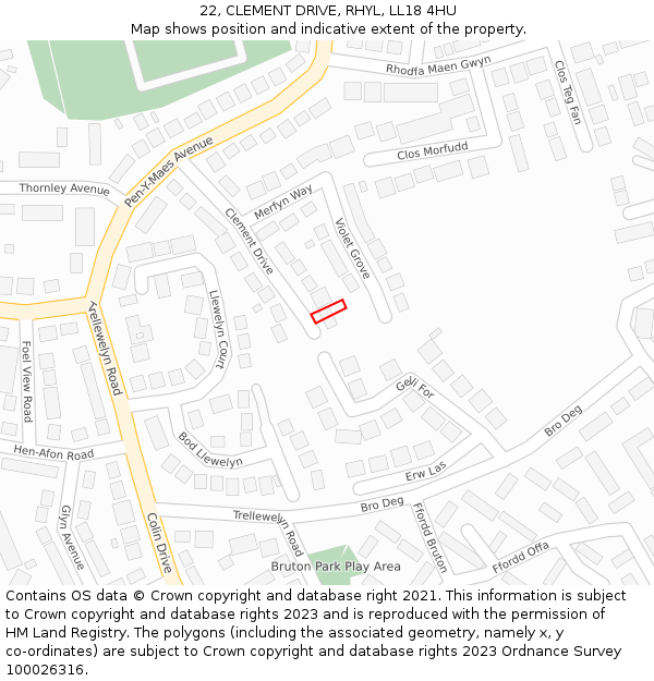 22, CLEMENT DRIVE, RHYL, LL18 4HU: Location map and indicative extent of plot