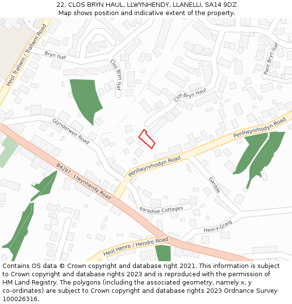 22, CLOS BRYN HAUL, LLWYNHENDY, LLANELLI, SA14 9DZ: Location map and indicative extent of plot