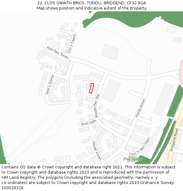 22, CLOS GWAITH BRICS, TONDU, BRIDGEND, CF32 9GA: Location map and indicative extent of plot