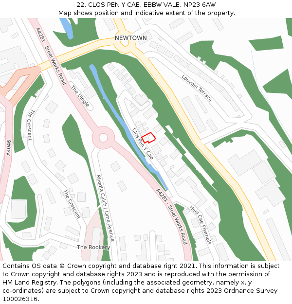 22, CLOS PEN Y CAE, EBBW VALE, NP23 6AW: Location map and indicative extent of plot