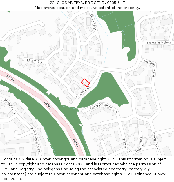 22, CLOS YR ERYR, BRIDGEND, CF35 6HE: Location map and indicative extent of plot