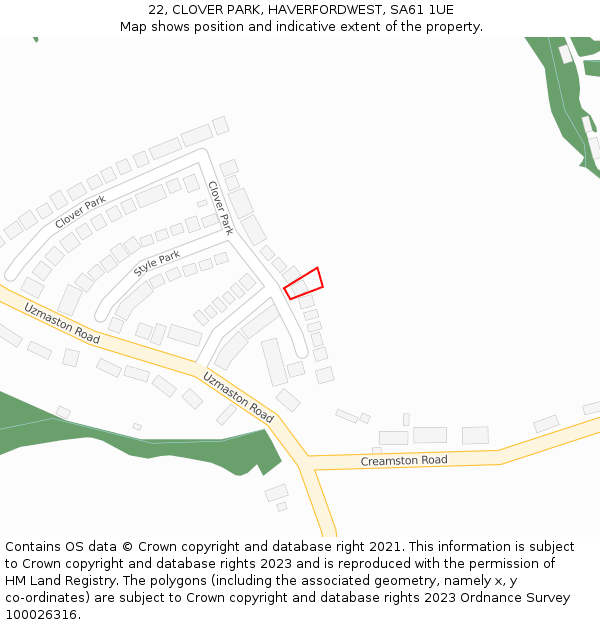 22, CLOVER PARK, HAVERFORDWEST, SA61 1UE: Location map and indicative extent of plot