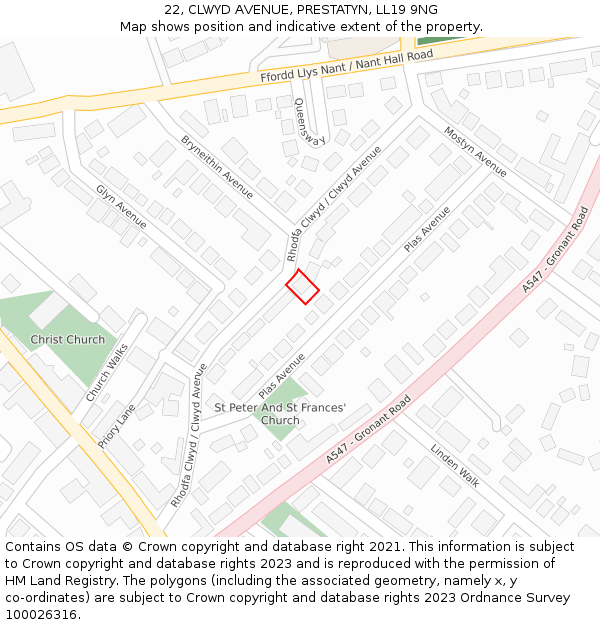 22, CLWYD AVENUE, PRESTATYN, LL19 9NG: Location map and indicative extent of plot