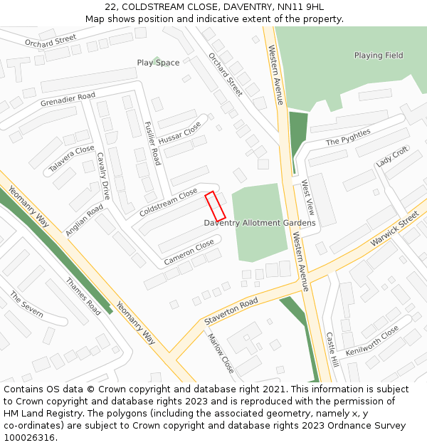 22, COLDSTREAM CLOSE, DAVENTRY, NN11 9HL: Location map and indicative extent of plot