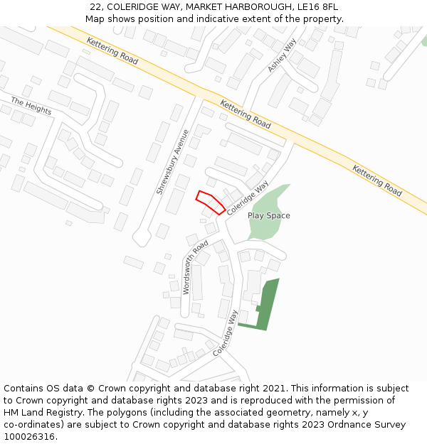 22, COLERIDGE WAY, MARKET HARBOROUGH, LE16 8FL: Location map and indicative extent of plot