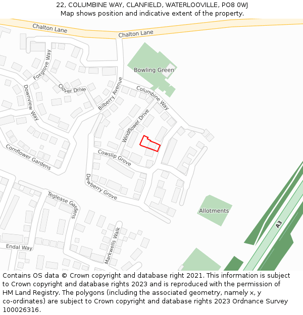 22, COLUMBINE WAY, CLANFIELD, WATERLOOVILLE, PO8 0WJ: Location map and indicative extent of plot