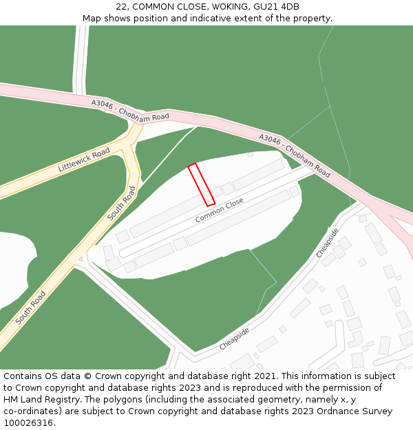 22, COMMON CLOSE, WOKING, GU21 4DB: Location map and indicative extent of plot