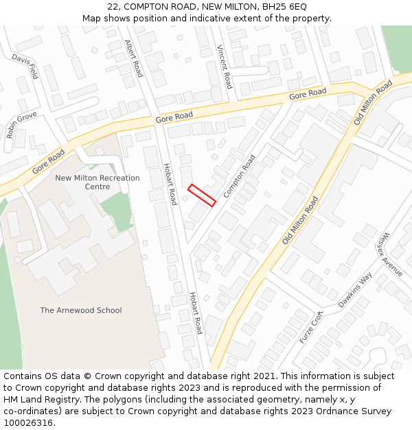 22, COMPTON ROAD, NEW MILTON, BH25 6EQ: Location map and indicative extent of plot