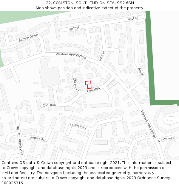 22, CONISTON, SOUTHEND-ON-SEA, SS2 6SN: Location map and indicative extent of plot