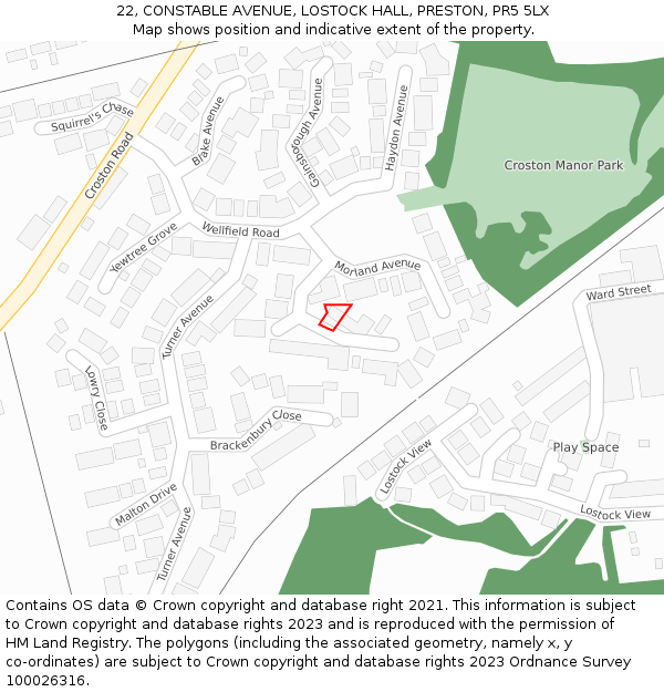 22, CONSTABLE AVENUE, LOSTOCK HALL, PRESTON, PR5 5LX: Location map and indicative extent of plot
