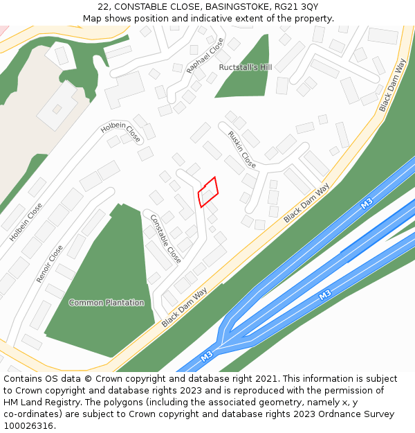 22, CONSTABLE CLOSE, BASINGSTOKE, RG21 3QY: Location map and indicative extent of plot