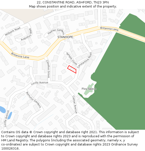 22, CONSTANTINE ROAD, ASHFORD, TN23 3PN: Location map and indicative extent of plot
