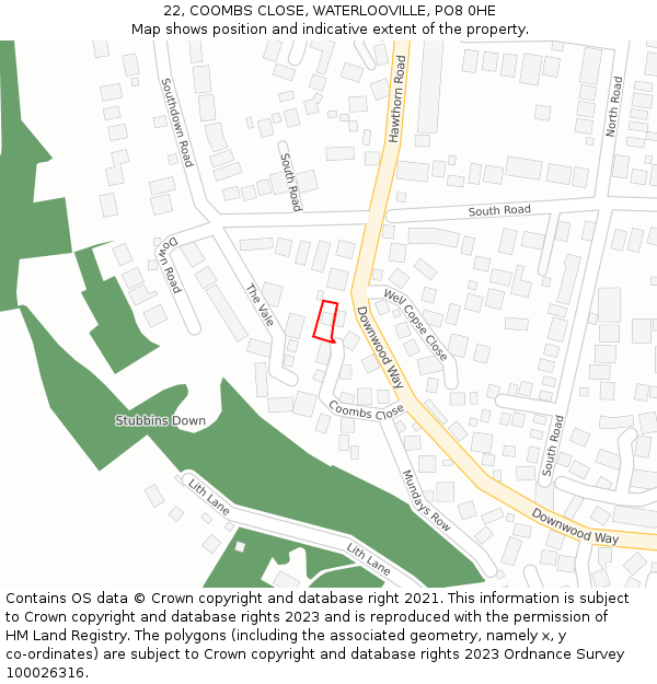 22, COOMBS CLOSE, WATERLOOVILLE, PO8 0HE: Location map and indicative extent of plot