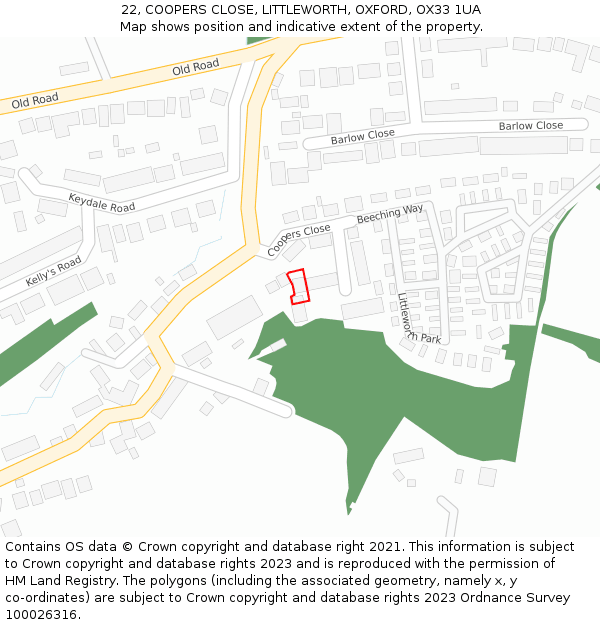 22, COOPERS CLOSE, LITTLEWORTH, OXFORD, OX33 1UA: Location map and indicative extent of plot