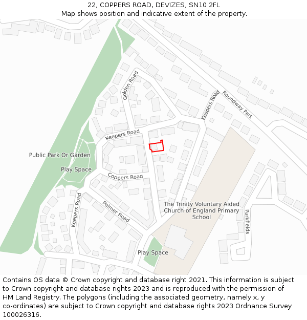 22, COPPERS ROAD, DEVIZES, SN10 2FL: Location map and indicative extent of plot