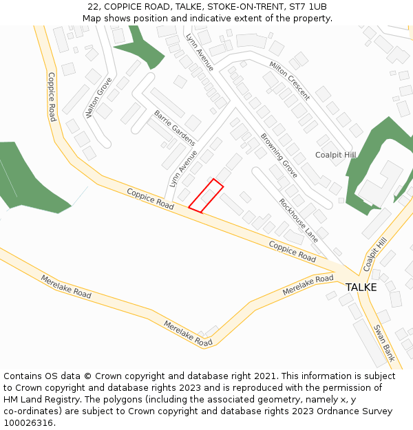 22, COPPICE ROAD, TALKE, STOKE-ON-TRENT, ST7 1UB: Location map and indicative extent of plot