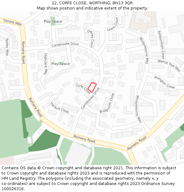 22, CORFE CLOSE, WORTHING, BN13 3QR: Location map and indicative extent of plot