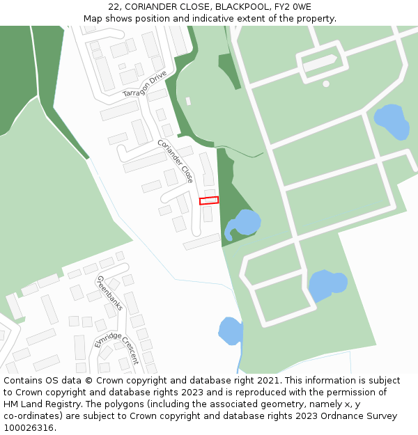 22, CORIANDER CLOSE, BLACKPOOL, FY2 0WE: Location map and indicative extent of plot