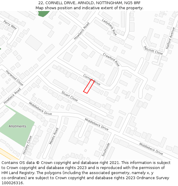 22, CORNELL DRIVE, ARNOLD, NOTTINGHAM, NG5 8RF: Location map and indicative extent of plot