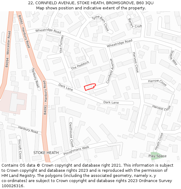 22, CORNFIELD AVENUE, STOKE HEATH, BROMSGROVE, B60 3QU: Location map and indicative extent of plot