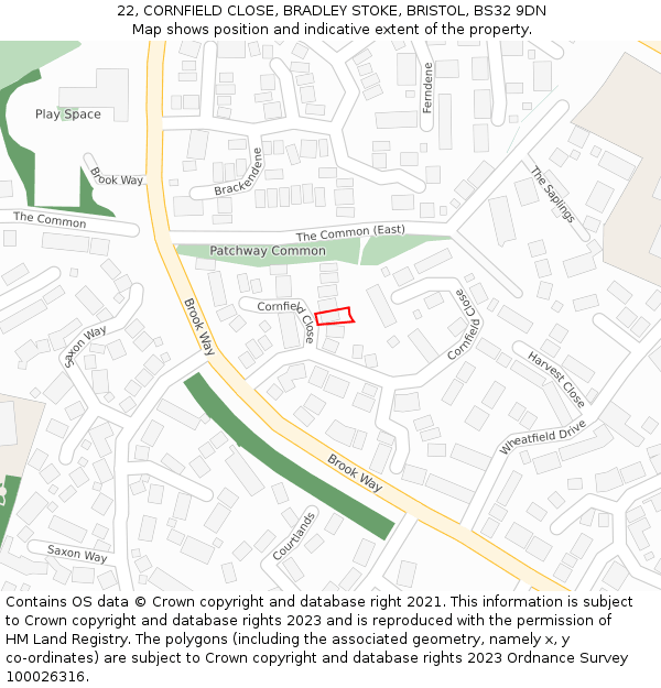 22, CORNFIELD CLOSE, BRADLEY STOKE, BRISTOL, BS32 9DN: Location map and indicative extent of plot