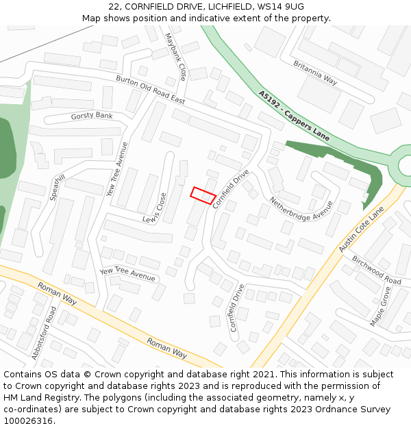 22, CORNFIELD DRIVE, LICHFIELD, WS14 9UG: Location map and indicative extent of plot