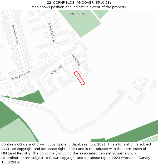 22, CORNFIELDS, ANDOVER, SP10 2EY: Location map and indicative extent of plot