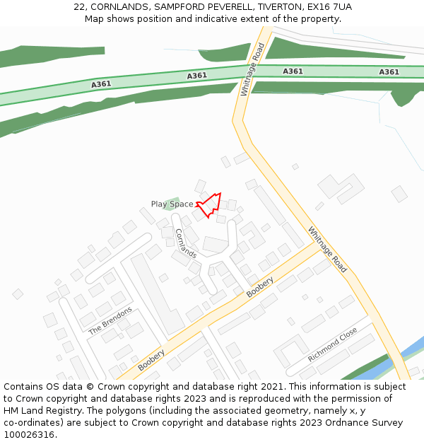 22, CORNLANDS, SAMPFORD PEVERELL, TIVERTON, EX16 7UA: Location map and indicative extent of plot