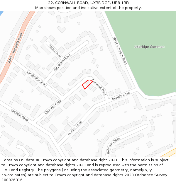 22, CORNWALL ROAD, UXBRIDGE, UB8 1BB: Location map and indicative extent of plot