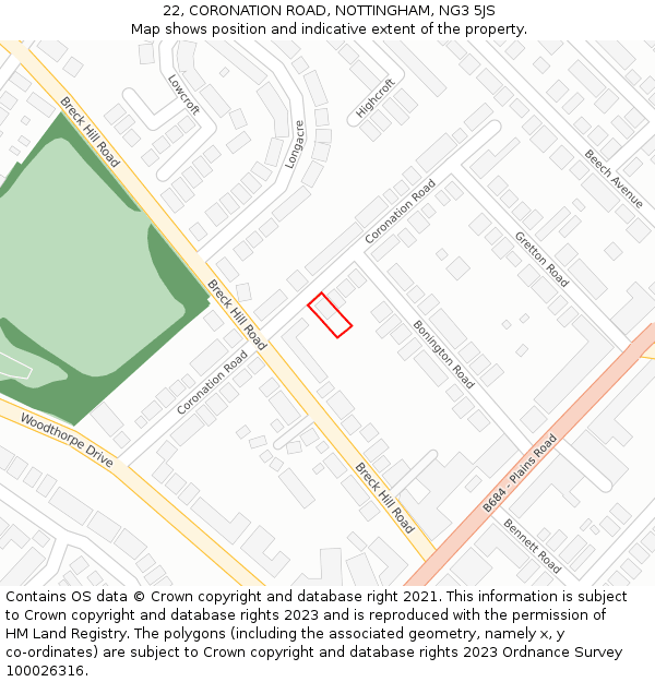 22, CORONATION ROAD, NOTTINGHAM, NG3 5JS: Location map and indicative extent of plot