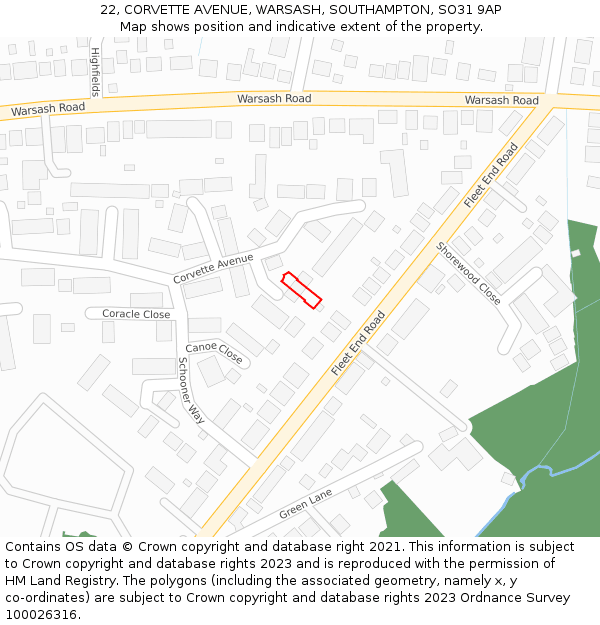 22, CORVETTE AVENUE, WARSASH, SOUTHAMPTON, SO31 9AP: Location map and indicative extent of plot