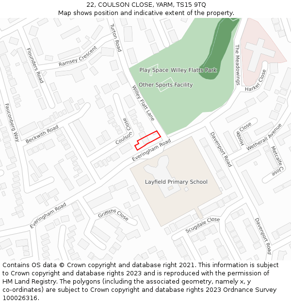 22, COULSON CLOSE, YARM, TS15 9TQ: Location map and indicative extent of plot