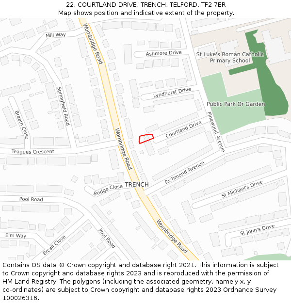 22, COURTLAND DRIVE, TRENCH, TELFORD, TF2 7ER: Location map and indicative extent of plot