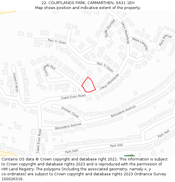 22, COURTLANDS PARK, CARMARTHEN, SA31 1EH: Location map and indicative extent of plot