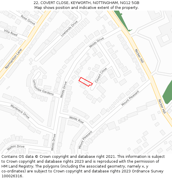 22, COVERT CLOSE, KEYWORTH, NOTTINGHAM, NG12 5GB: Location map and indicative extent of plot