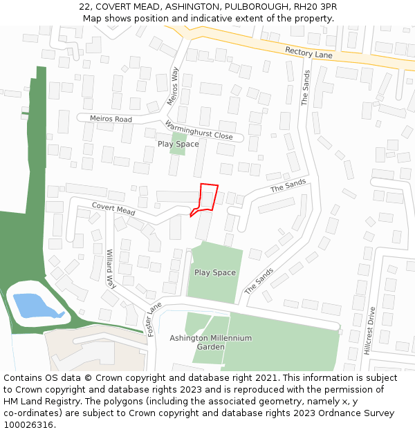 22, COVERT MEAD, ASHINGTON, PULBOROUGH, RH20 3PR: Location map and indicative extent of plot