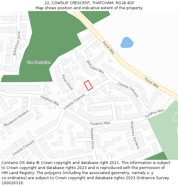 22, COWSLIP CRESCENT, THATCHAM, RG18 4DF: Location map and indicative extent of plot