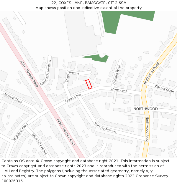 22, COXES LANE, RAMSGATE, CT12 6SA: Location map and indicative extent of plot